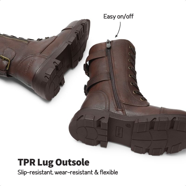 Girls Vegan Leather Combat Ankle Boots - BROWN - 3